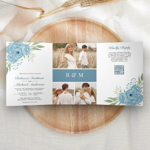 Staubblaue Rosen-Fotocollage QR-Code-Hochzeit Dreifach Gefaltete Einladung