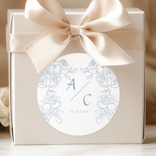 Staubblaue Rosen-Hochzeitsmonogramm Florale Initia Runder Aufkleber