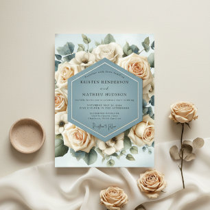 Staubblaue Rosenblüten-Hochzeit Einladung