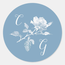 Staubblaue Rosenlinienkunst Monogramm Hochzeit Runder Aufkleber