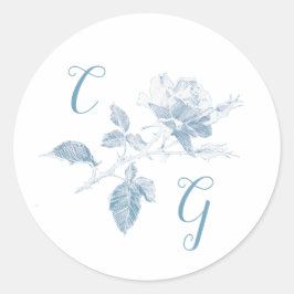 Staubblaue Rosenlinienkunst-Monogramm-Hochzeit Runder Aufkleber