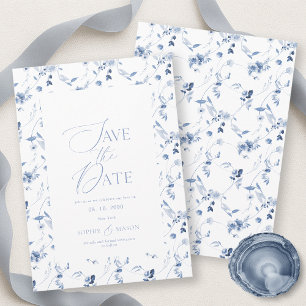 Staubblaue Save-the-Date-Karte mit feiner Blumenge Einladung