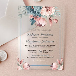 Staubblaue und rosa florale Hochzeit Acryleinladungen