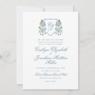 Staubblaue Wasserfarben-Blumenwappen-Hochzeit Einladung