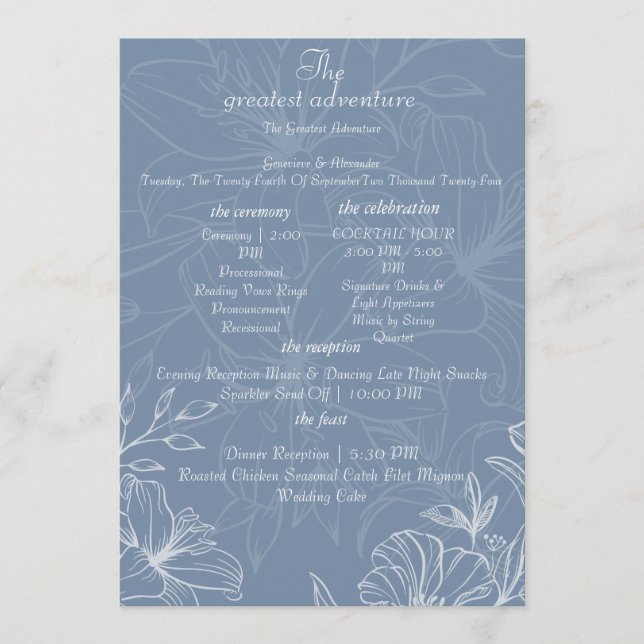 Staubblaue weiße Lilien-Blumen-Hochzeitsprogramm-K Programm (Vorderseite)