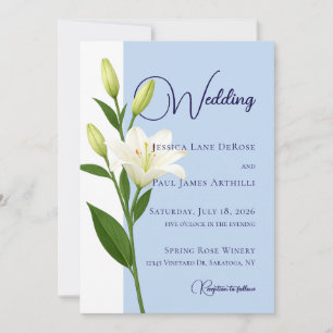 Staubblaue weiße Lilien-Hochzeitseinladung Einladung