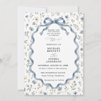 Staubblaue Wildblumen-Bogen-Hochzeitseinladung Einladung