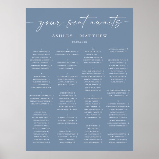 Staubblauer alphabetischer Hochzeits-Sitzplan Poster (Vorne)