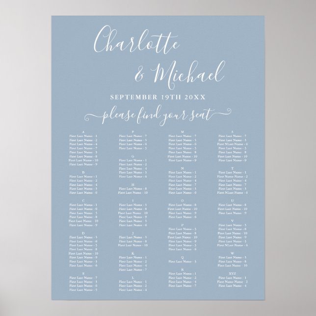 Staubblauer alphabetischer Hochzeitssitzplan Poster (Vorne)