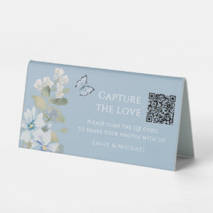 Staubblauer Blumen-Hochzeits-Foto-Sharing-QR-Code Tischaufsteller