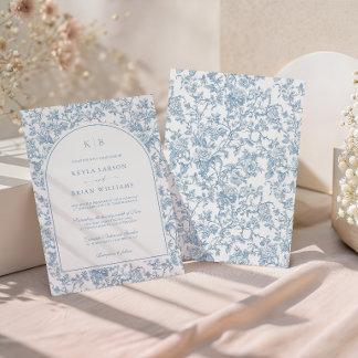 Staubblauer Blumen-Toile-Monogramm-Hochzeitsbogen Einladung