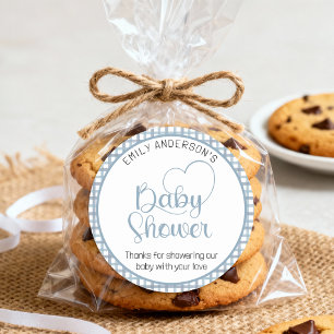 Staubblauer Gingham-Baby-Shower-Gunstaufkleber Runder Aufkleber
