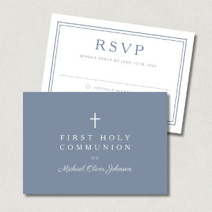 Staubblauer Kreuz Junge Erste heilige Kommunion  RSVP Karte