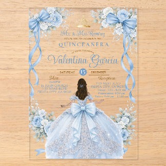 Staubblauer Kronengold-Quinceañera-Kleid-Geburtsta Acryleinladungen