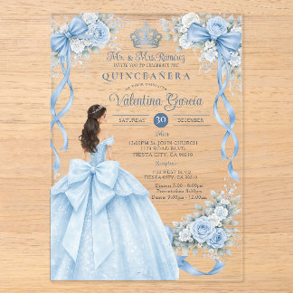 Staubblauer Kronengold-Quinceañera-Kleid-Geburtsta Acryleinladungen