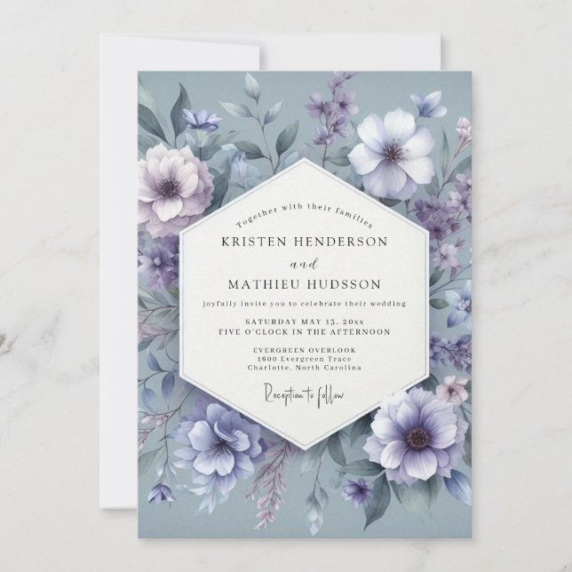 Staubblauer Träumerischer Blumenhochzeit Einladung (Vorderseite)