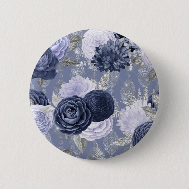 Staubblauer und silberner floraler Hochzeits-Schli Button (Vorderseite)