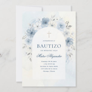 Staubblauer Wasserfarben-Blumenbogen Junge Bautizo Einladung
