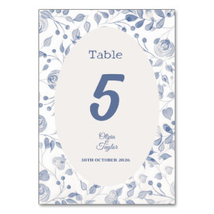 Staubblaues Aquarell-Blumenhochzeit Tischnummer