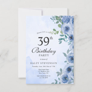 Staubblaues Aquarell Blumiges Chic 39. Geburtstag Einladung