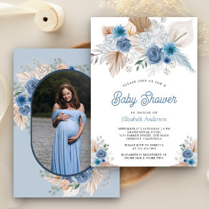 Staubblaues Blumen Boho Pampas Foto Babyparty Einladung
