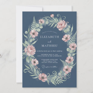 Staubblaues Blumen Romantisches Lorbeer Hochzeit Einladung