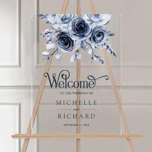 Staubblaues Blumenhochzeits-Willkommen Acrylschild
