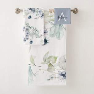 Staubblaues Blumenmonogramm-Handtuch-Set Badhandtuch Set