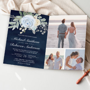 Staubblaues Blumenmuster QR-Code Navy-Hochzeit Einladung