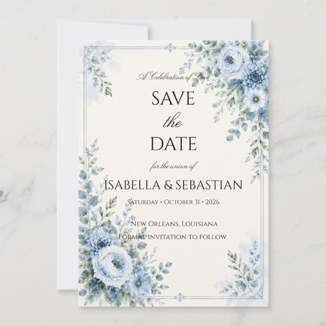 Staubblaues Blumenmuster Save The Date (Vorderseite)