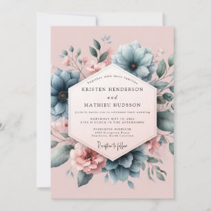 Staubblaues Blush-Blüten-Hochzeit Einladung