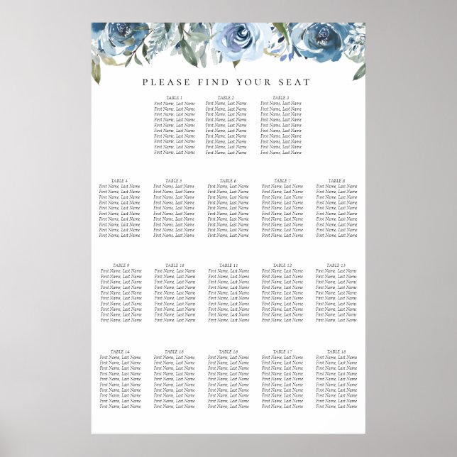 Staubblaues botanisches Sitzplan für 18 Tische Poster (Vorne)