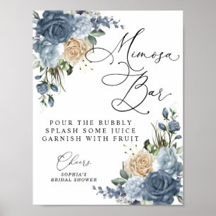 Staubblaues & Champagner Florales Brautbad-Mimosa Poster