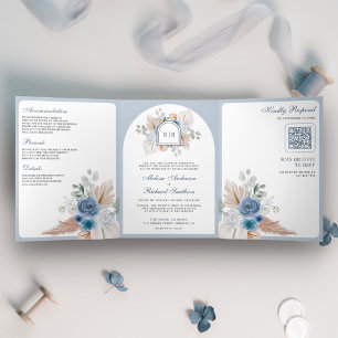 Staubblaues Florales Boho Pampas QR Code Hochzeit Dreifach Gefaltete Einladung