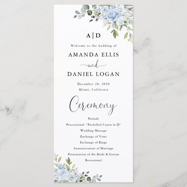 Staubblaues Florales Eukalyptus Hochzeitsprogramm Programm (Vorderseite)