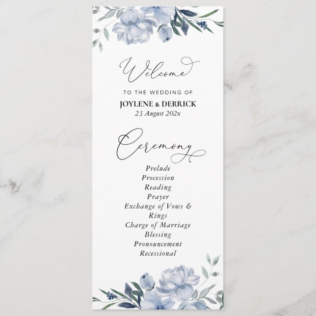 staubblaues florales Hochzeitsprogramm Programm (Vorderseite)