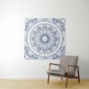 Staubblaues florales Mandala Wandteppich