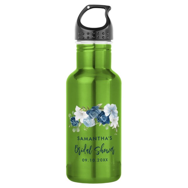 Staubblaues florales personalisiertes Brautdusche- Edelstahlflasche (Vorderseite)