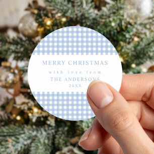 Staubblaues Gingham-Weihnachten Runder Aufkleber
