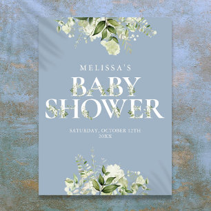 Staubblaues Grün Florales Babyshower-Schild Poster