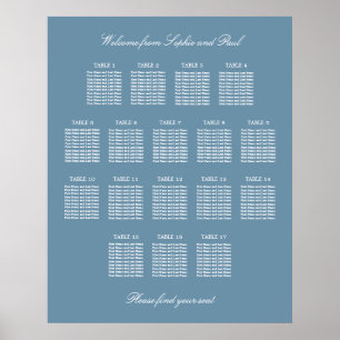Staubblaues Hochzeits-Sitzplan-Poster für 17 Tisch Poster