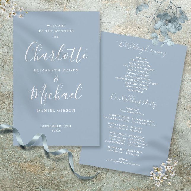 Staubblaues Hochzeitsprogramm mit Unterschriftensk (Dusty Blue Signature Script Wedding Program)