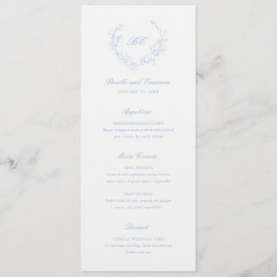 Staubblaues Kranzmonogramm Elegante Hochzeit Menükarte