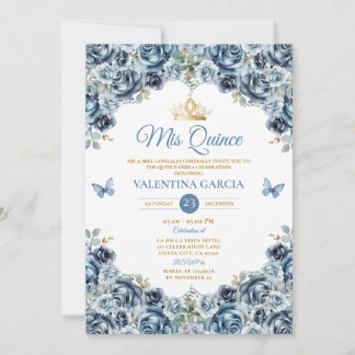 Staubblaues Quinceañera 15 Jahre Blumen Goldkrone Einladung