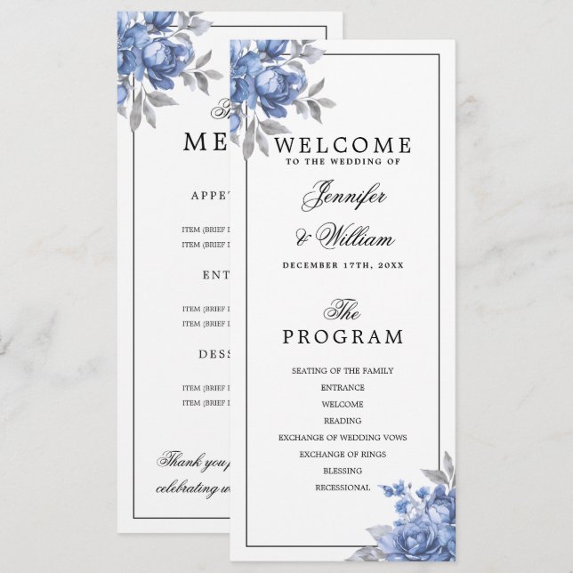 Staubblaues rustikales Blumenhochzeitsprogramm-Men Einladung (Vorne/Hinten)