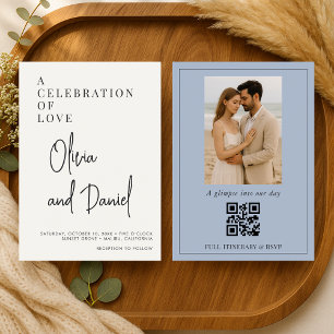 Staubblaues Skript Foto QR Code Hochzeit Einladung