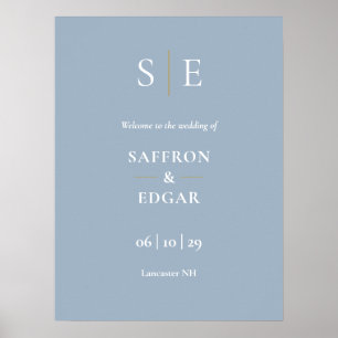 Staubblaues und goldenes Monogramm Hochzeits-Willk Poster