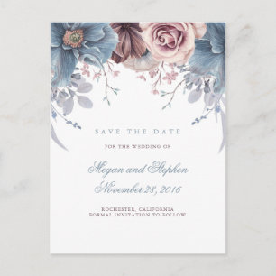 Staubblaues und Mauve-Blumen-Save-the-Date Ankündigungspostkarte