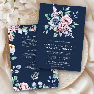 Staubblaues und Rosa Blumen QR-Code Navy Hochzeit Einladung