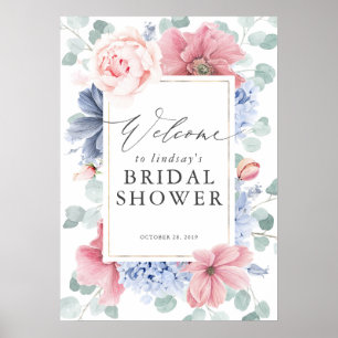 Staubblaues und rosa florales Willkommen zur Braut Poster